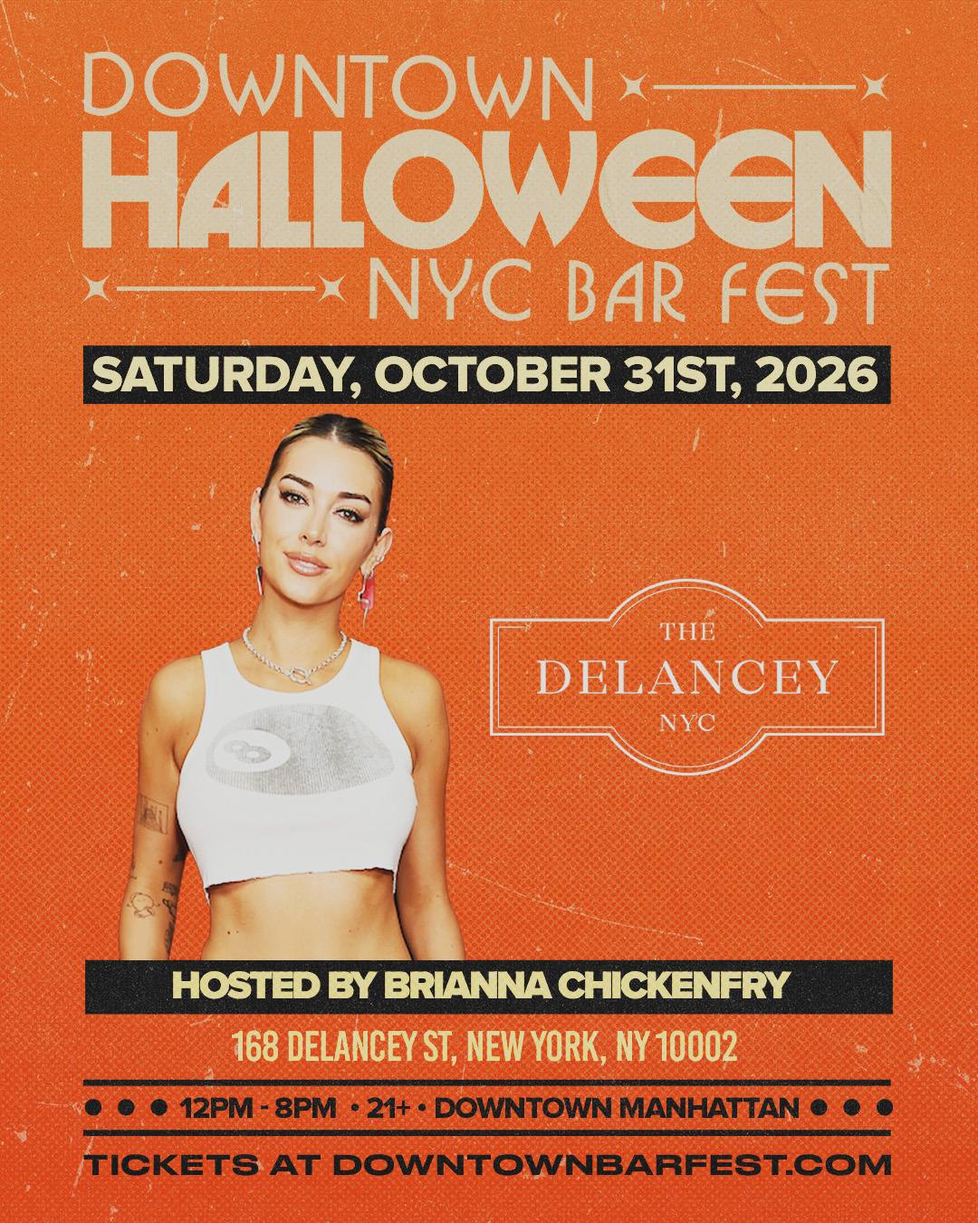 Downtown Halloween Bar Fest 2026 poster, hosted by Brianna Chickenfry, check in at The Delancey