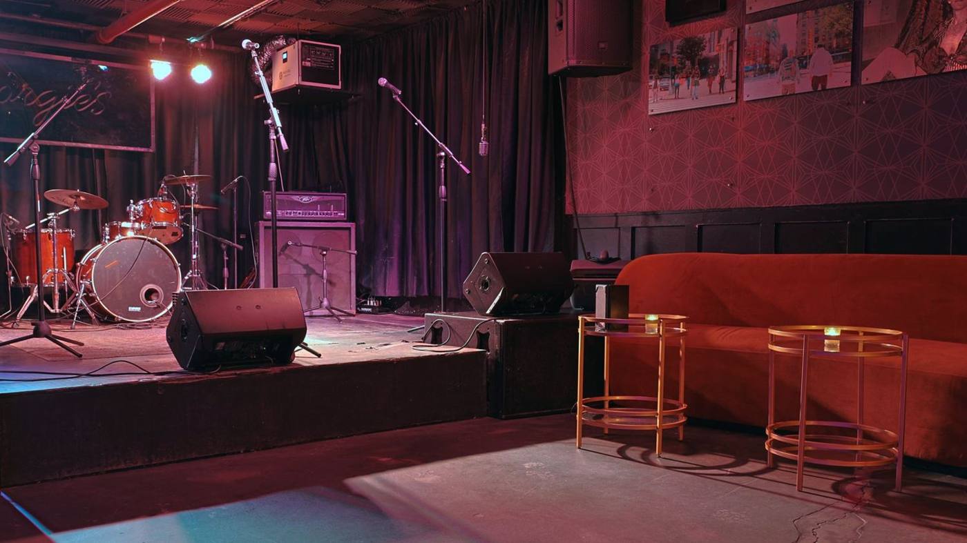 The stage at Georgie’s set for a band